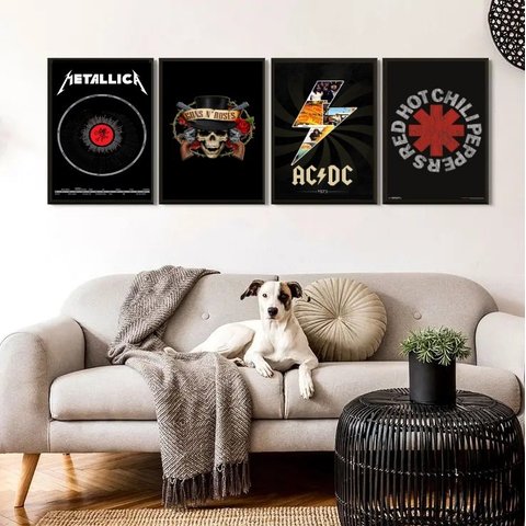 Kit 4 Quadros Bandas de Rock 33x24cm - com Vidro:madeira Branca