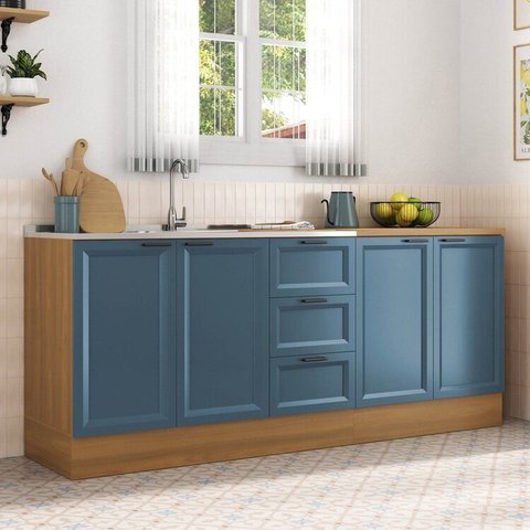 Cozinha Compacta 3 Peças 2 Balcões 1 Tampo Soho CabeCasa MadeiraOriginals Azul/Freijó