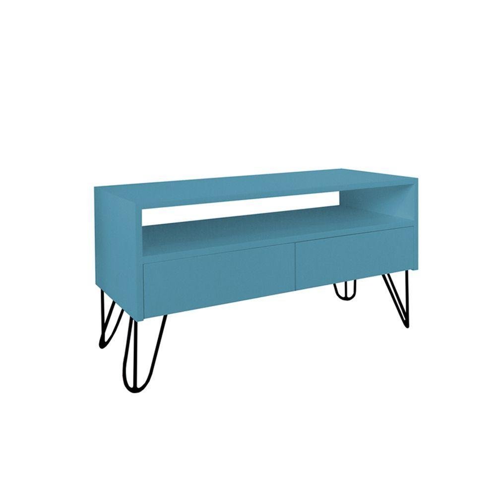 Rack para Tv Bancada com Nicho e Gaveta Pés Hairpin Legs Estilo Industrial Azul Laca - 3