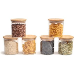 Kit 6 Potes de Vidro 500ml Tampa de Bambu Hermético Redondo