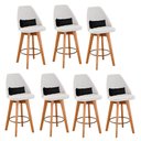 Ver imagem 1 de Kit 07 Banquetas Alta Maya Giratória Com Encosto Linho Bege Claro e Almofada Suede Preto - Gat