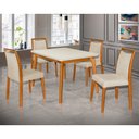 Ver imagem 1 de Mesa Jantar Luxo Jade 120x90cm Off White com 4 Cadeiras Estofadas Linho Bege Base Madeira Maciça Mel