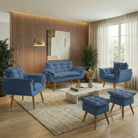 Kit Namoradeira 2 Poltronas e 2 Puffs para Sala Recepção Manicure Consultório Alice Suede