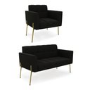 Ver imagem 1 de Sofá Namoradeira e Poltrona Pé de Ferro Dourado Elisa Suede Preto D03 - D'Rossi