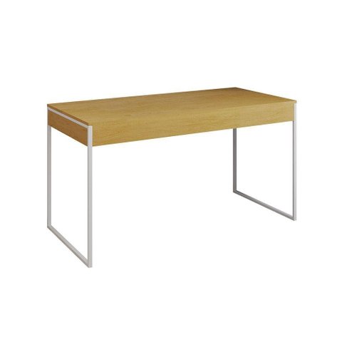 Mesa De Escritório Industrial Canela 137X53Cm Base Ferro Branco Com 1 Cadeira Branca