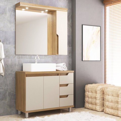 Gabinete para Banheiro com Cuba e Espelheira Bege/Itapuã/Off White