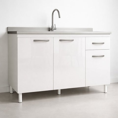 Balcão Cozinha para Pia 120 Cm Gabinete 3 Portas 1 Gaveta sem Tampo Branco