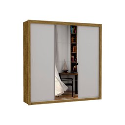 Guarda Roupa Casal Porta Correr C/ Espelho 3 Portas e 4 Gavetas Veneza –– Freijó/off White - 1