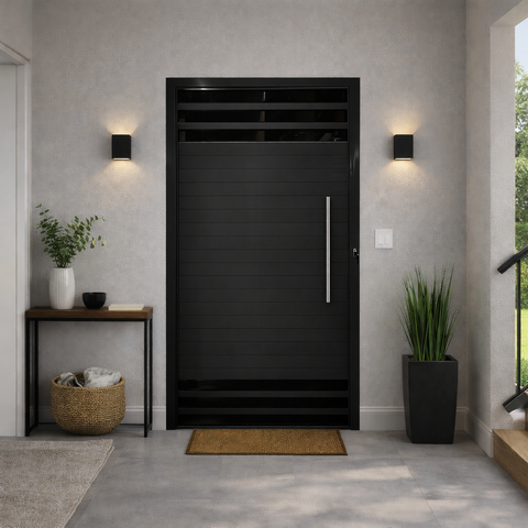 Porta Pivotante 6 Vidros Alumínio Preto com Puxador 210x100 Lado Direito