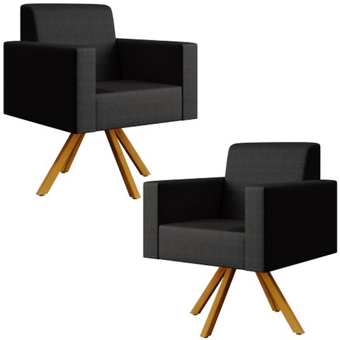 Kit 02 Poltronas Decorativa Base Giratória de Madeira Helô L02 Facto Preto Metalizado - Lyam