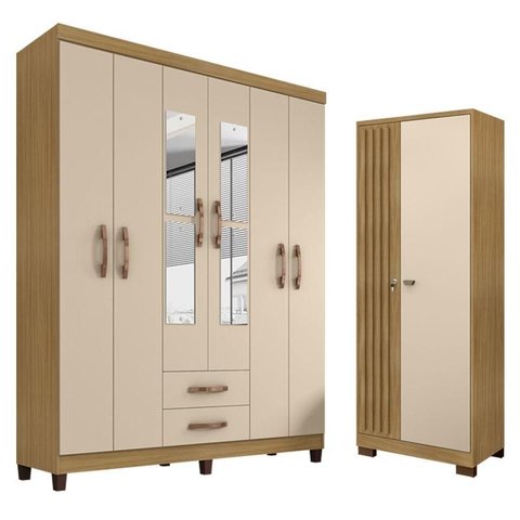 Guarda Roupa Casal Modena com Espelho 6 Portas e Armário Multiuso Versatile Carvalho Americano Off W