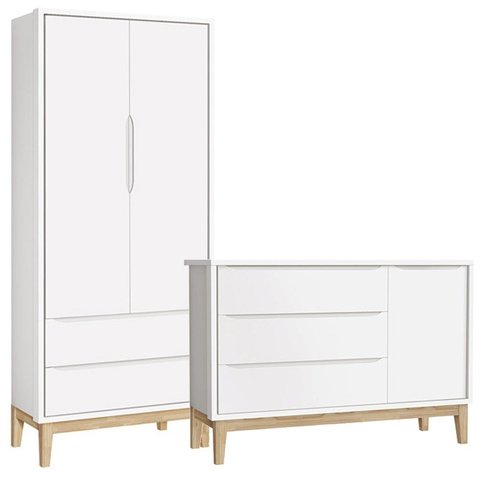Jogo de Quarto Classic Guarda Roupa 2 Portas e Cômoda Branco Fosco com Pés Madeira Natural - Reller 