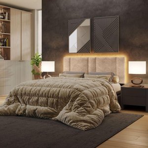 Cabeceira Estofada Cama Casal Queen Size Led Splend 160 Cm Buclé Bege