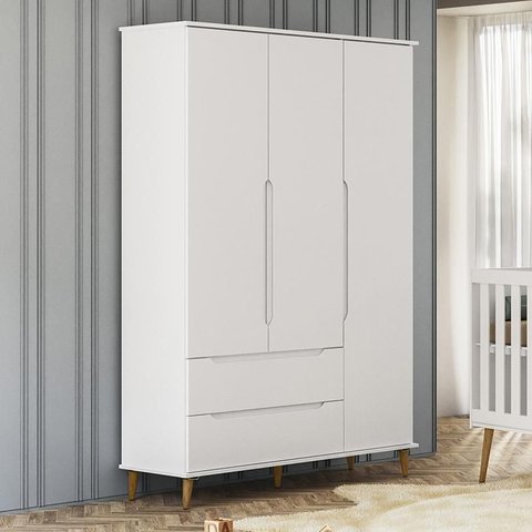 Guarda Roupa Infantil Lunna Retrô 3 Portas e 2 Gavetas Branco - Peternella Móveis