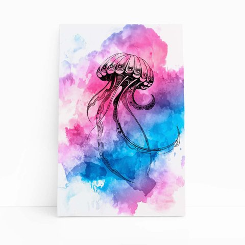 Água Viva Azul e Rosa Arte Aquarela Quadro Canvas 60x40cm