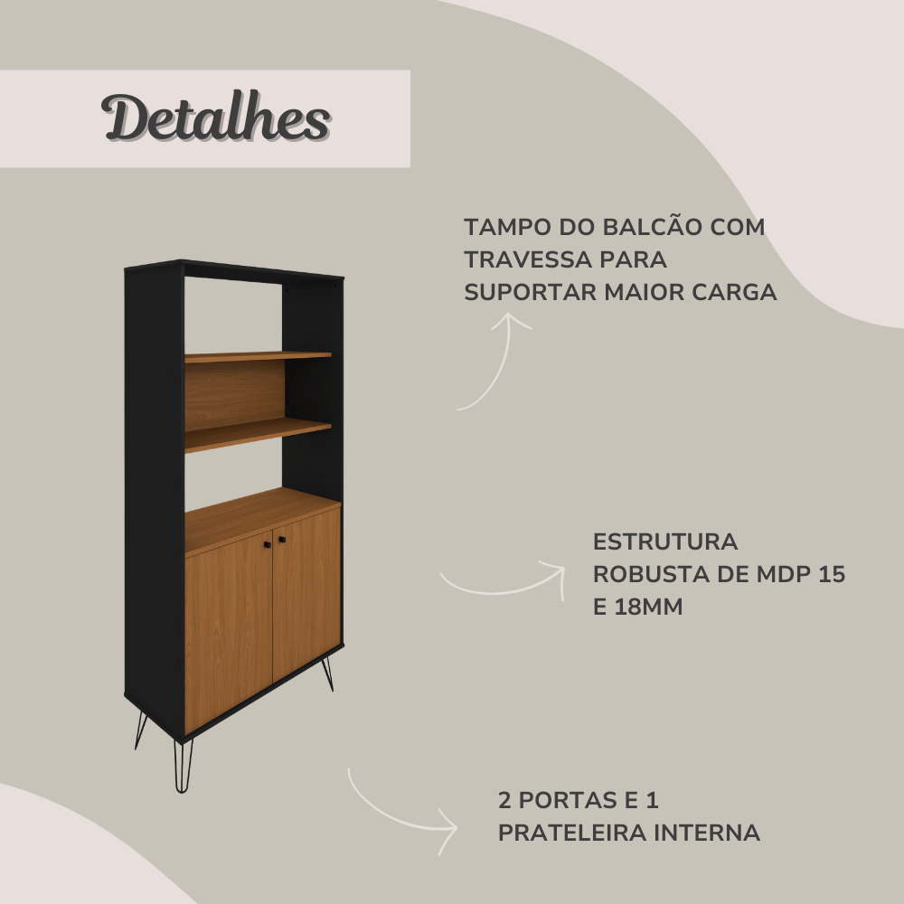 Estante para Livros Alta com Pés de Metal Industrial 2 Portas 183cmx90cm - 13