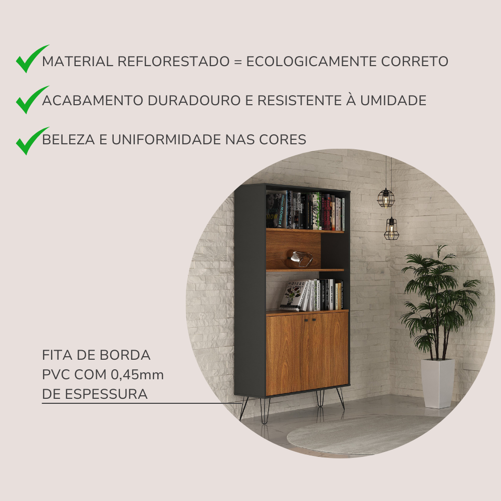 Estante para Livros Alta com Pés de Metal Industrial 2 Portas 183cmx90cm - 15