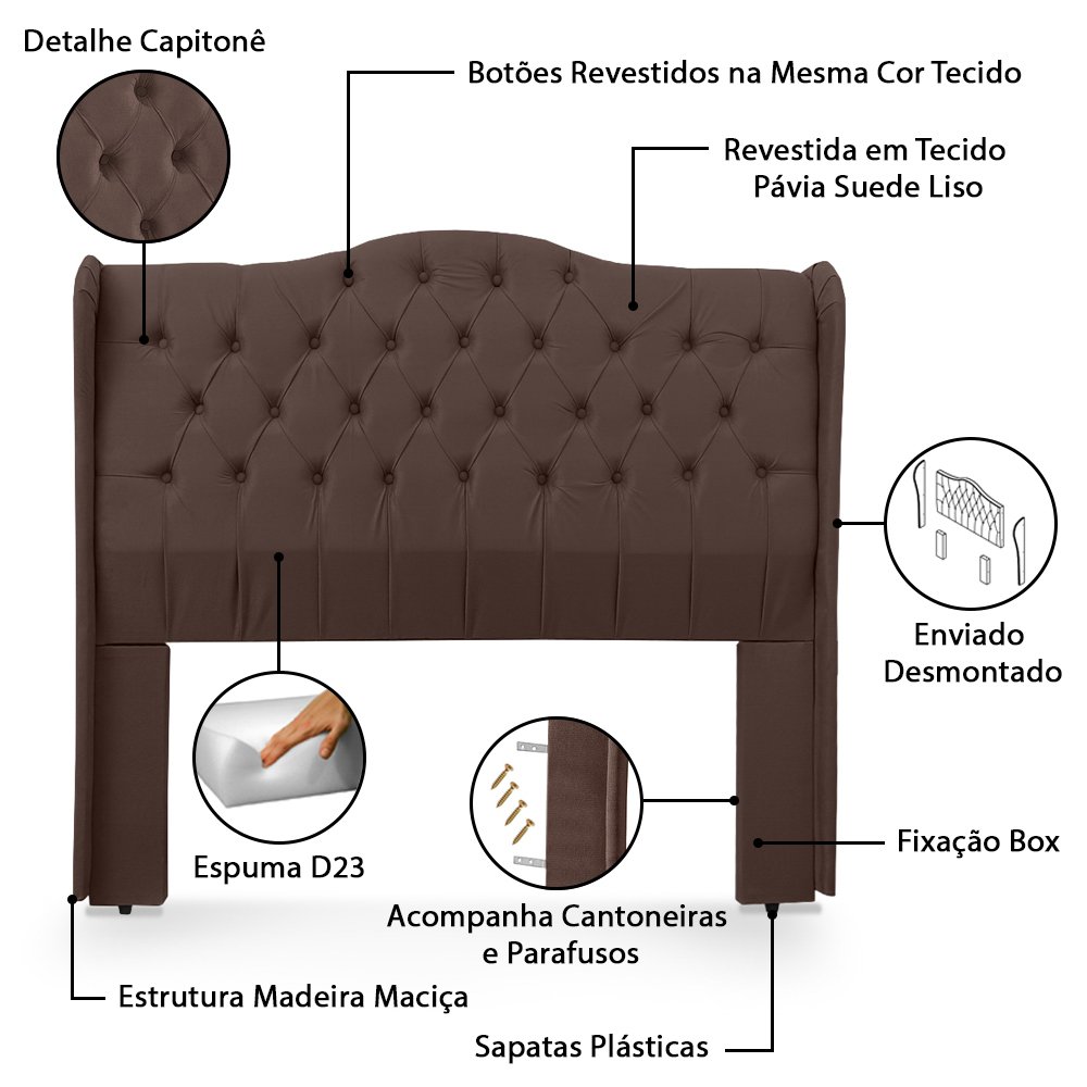 Conjunto Cabeceira Box com Recamier Divã para Cama Casal 1.40 Dubai Pávia Marrom - Lh Móveis - 8