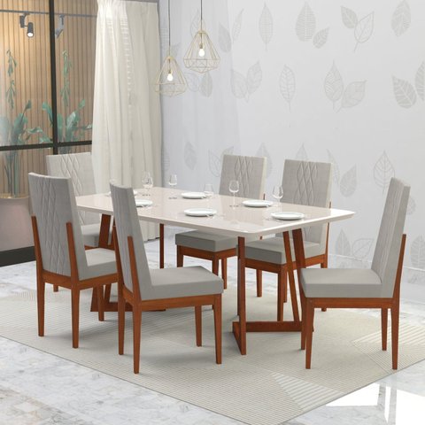 Conjunto Sala de Jantar 6 Lugares Madeira Eucalipto Safira Marrom/Caramelo/Bege Claro