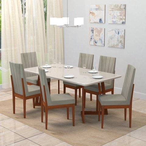 Conjunto Sala de Jantar Mesa 6 Cadeiras Madeira Maciça Vidro e MDF Safira Marrom