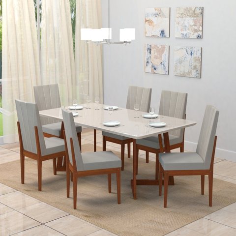 Conjunto Sala de Jantar Mesa 160x90cm Tampo Vidro/MDF com 6 Cadeiras Safira Marrom/Caramelo/Bege Claro
