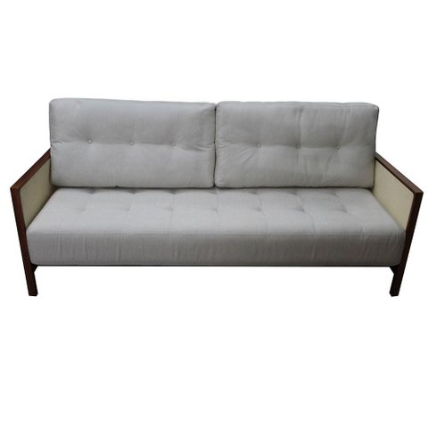 Sofá Cama Lucerna Cor Cinza com Base Madeira Cor Amendoa e Palha Natural 201 Cm - 68533
