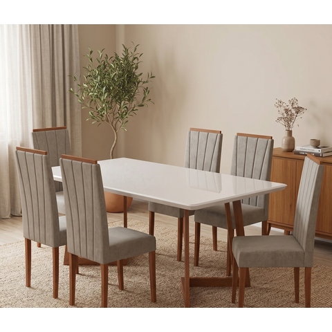Conjunto Sala de Jantar Mesa 160x90cm Tampo Vidro/MDF com 6 Cadeiras Safira Marrom/Caramelo/Castor