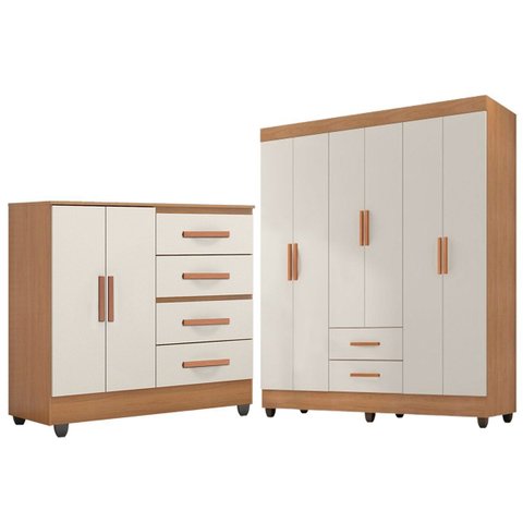 Kit Guarda-Roupa Casal 6 Portas com Cômoda 2 Portas 4 Gavetas Lisa Nature/Off White