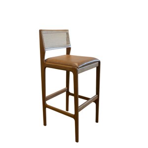 Banqueta em Madeira. Assento Estofado. Encosto Tela Sextavada. Cor Natural