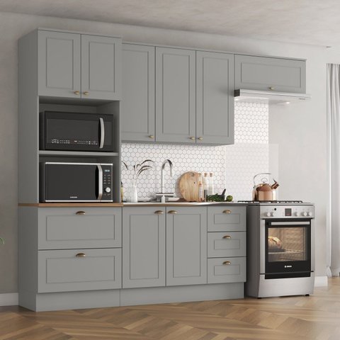 Cozinha Compacta 4 Peças 100% MDF com Torre Quente 2 Fornos Americana Cinza/Nature