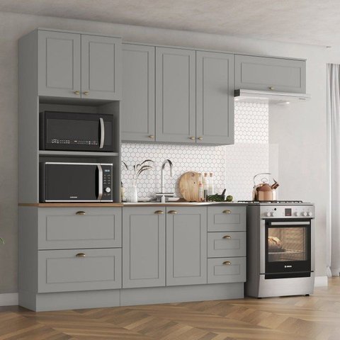 Cozinha Compacta 4 Peças 100% MDF com Torre Quente 2 Fornos Americana Cinza/Nature