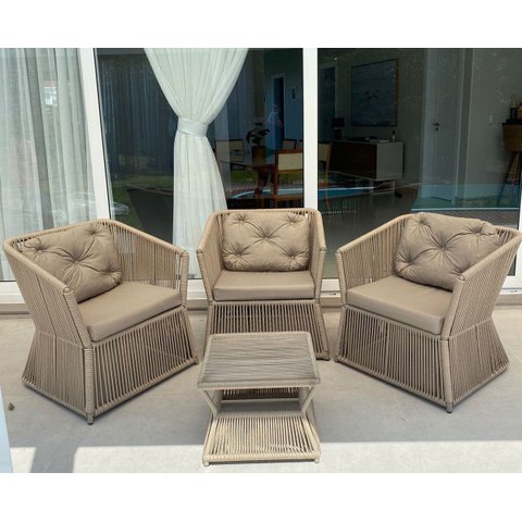 Conjunto de Sofá em Corda Náutica Bambu - 3 Poltronas + 1 Mesa Centro - Tecido Duna Cru