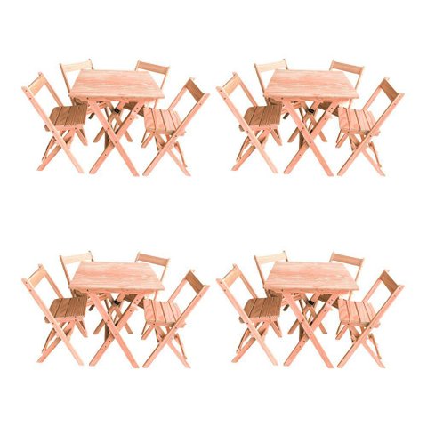 Kit 4 Conjuntos Mesa Dobrável 60x60cm com 4 Cadeiras em Madeira Maciça - Cru - Bege