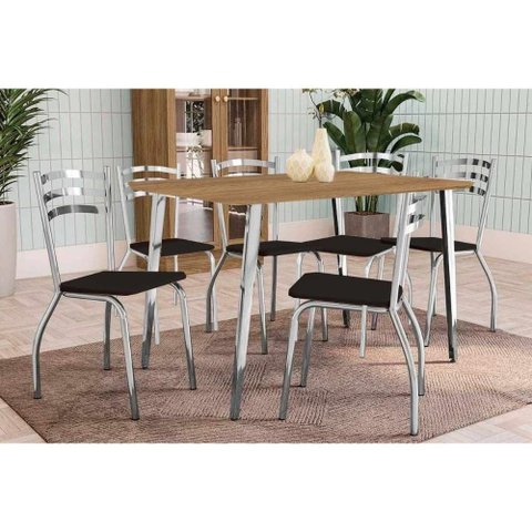 Conjunto: Mesa Sala Jantar Iguaçu C/ Tampo de Madeira 1.60cm + 6 Cadeiras Portugal Cromada -