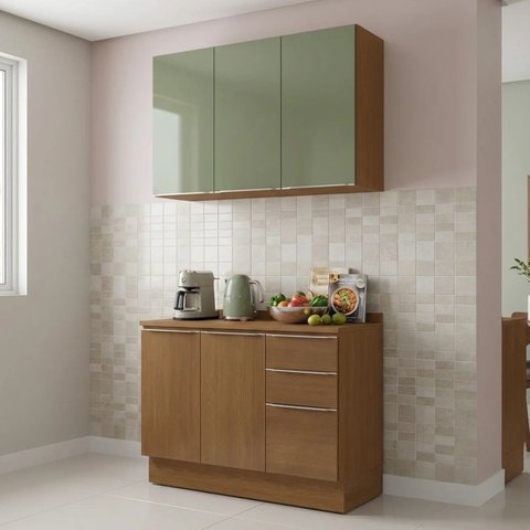 Cozinha Compacta 2 Peças Armário Aéreo e Balcão com Tampo 120cm Vibra Canela/Verde Pistache