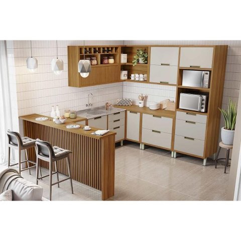 Kit Cozinha Modulada 9 Peças Imperatriz (3aéreos+4balcões+1torrequente+1ilha) C9p62 Freijo/off