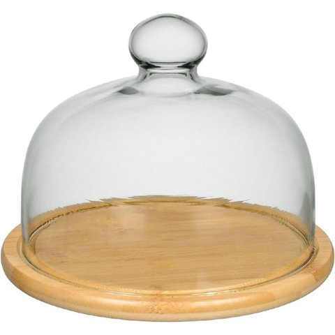 Prato Bolo Boleira Redondo Home&co Tampa Vidro Bambu 15x20x20cm