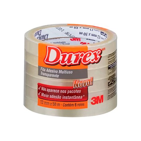 Fita Adesiva Durex Transparente - 12 mm x 50 m - 6 rolos