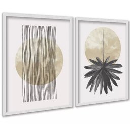 Kit 2 Quadros Neutros Bege Linhas Folha Aquarela 33x24cm - com Vidro:moldura Branca - 2