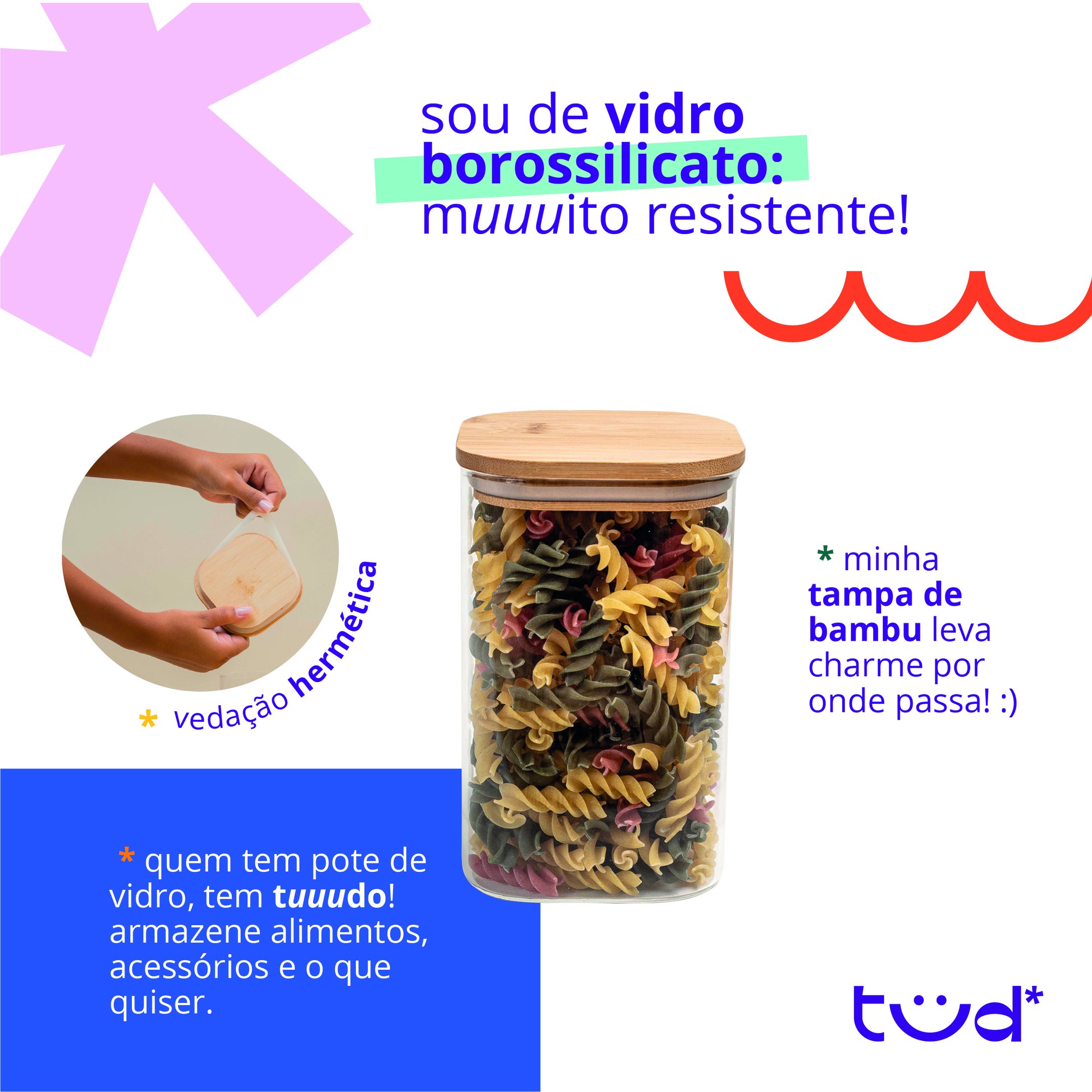 Kit 4 Potes de Vidro 1,1l Tampa de Bambu Herméticos Quadrado - Tüd - 4