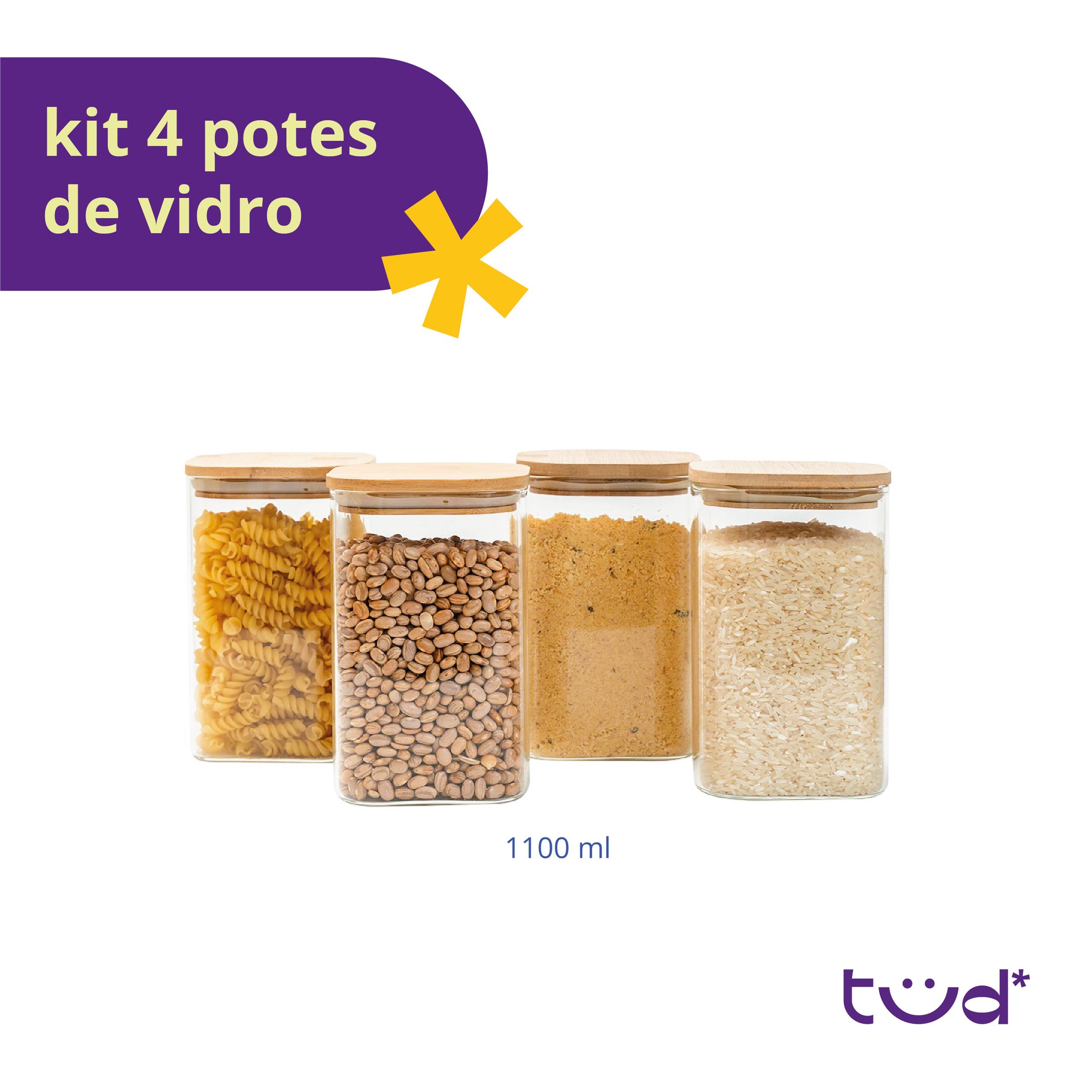 Kit 4 Potes de Vidro 1,1l Tampa de Bambu Herméticos Quadrado - Tüd - 3