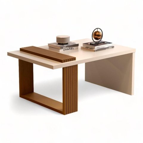 Mesa de Centro 8020 Retangular MDF Madeira Ripado 80cm Pérola e Nature Jb Móveis