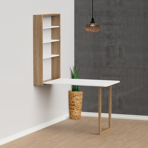Mesa Retrátil de Parede com Prateleiras – Madeira Maciça e Mdf, Funcional e Compacta