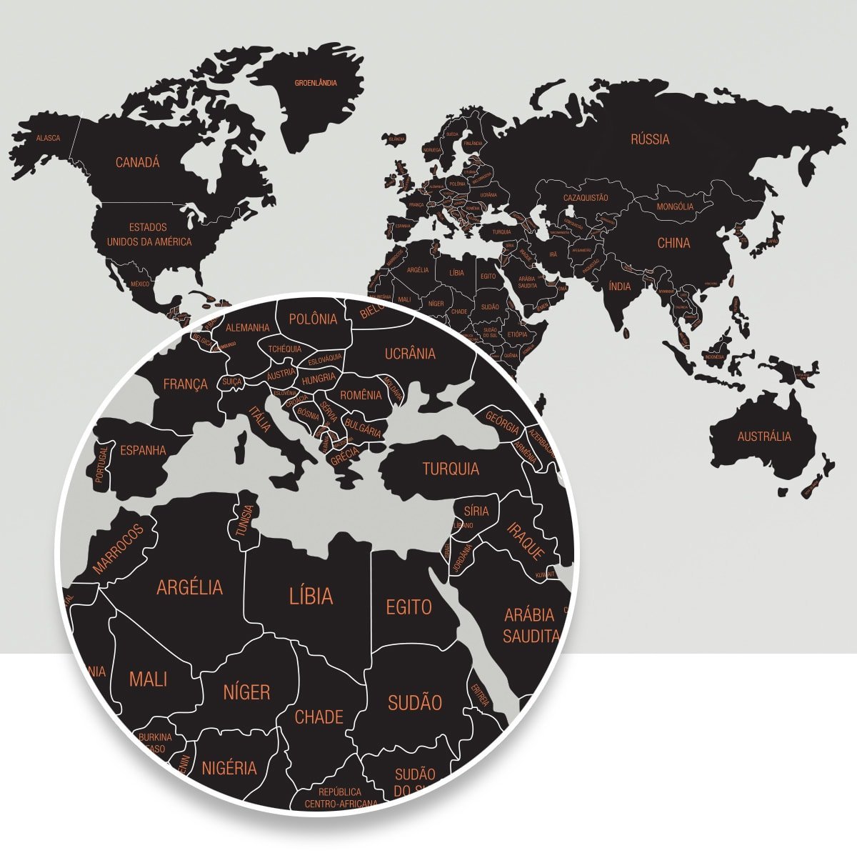 Mapa-Múndi Adesivo com molduras para fotos - Preto com nomes laranja - 140x78