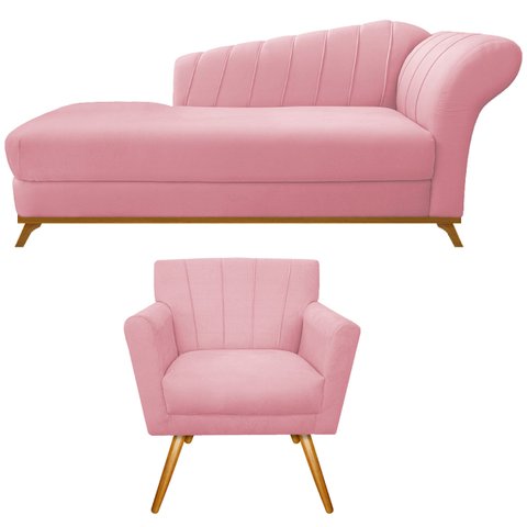 Kit Diva Recamier Vanessa 185cm Lado Esquerdo e 01 Poltrona Laura Suede Doce Sonho Móveis Rosa Bebê