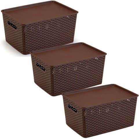 Kit 3 Caixas Organizadoras c/ Tampa Grande 15 Lt Rattan Café