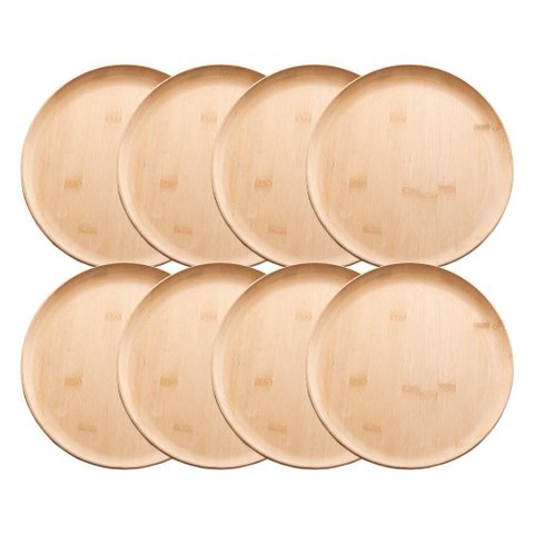 Jogo 8 Prato Raso de Bambu Natural Ecológico Pratinho Madeira Lyor 27cm