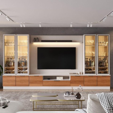 Estante Home para TV até 75” Noble 360cm com 4 Cristaleiras LED e Portas Reflecta Off White/Jequi