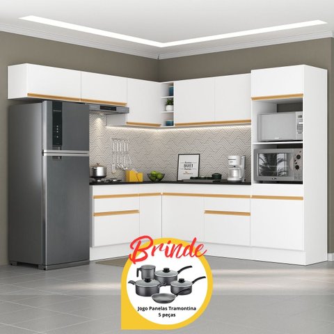 Armário Cozinha Completa Canto Veneza Mp2105 Multimóveis Branco + Brinde Jogo de Panelas Tramontina