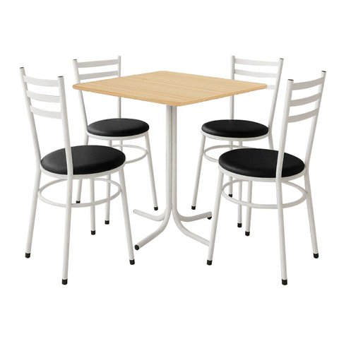 Conjunto Mesa Branca 70x70cm Tampo Pinus com 4 Cadeiras Epoxi